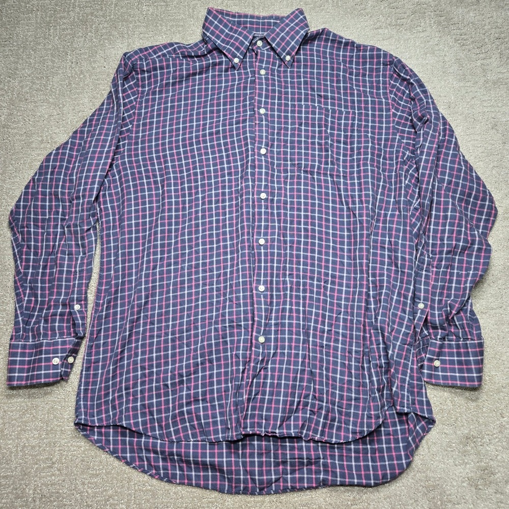 Peter Millar Mens XL Long Sleeve Button Down Shirt Navy Blue Pink Plaid Cotton